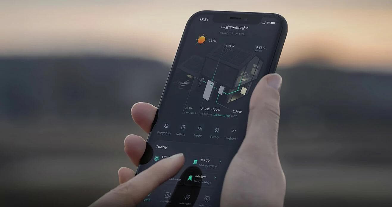 Mobilapp från Sigenergy visar solcellsproduktion och batteristatus